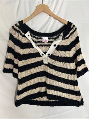 ME Makeover Essentials Black and Cream Striped Knit Crop Pullover